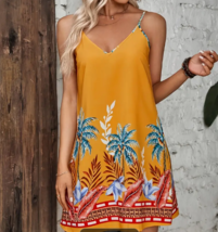 Womens Size L Coconut Tree Print Cami Dress Vacation Sleeveless Spring Summer - £17.39 GBP