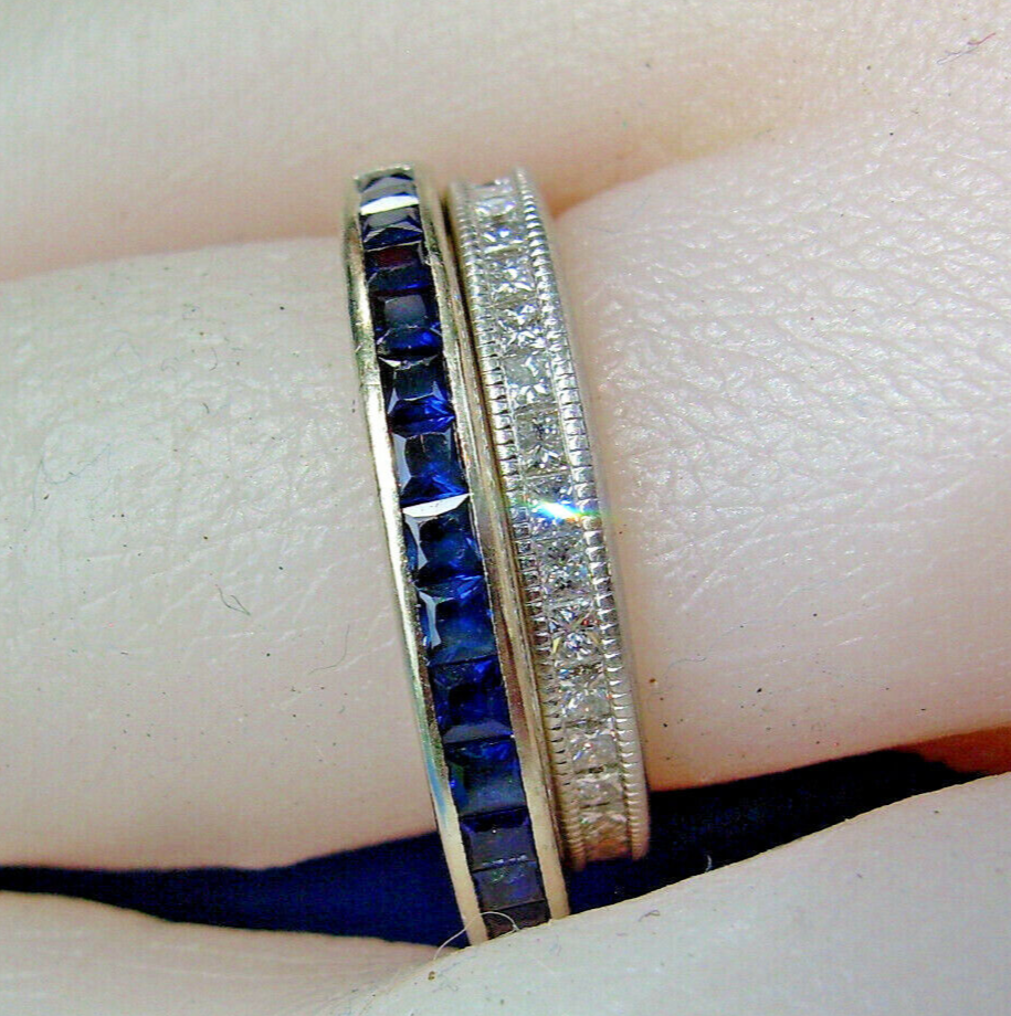Sapphire Deco Wedding Band 14k Gold Vintage Bridal Eternity Anniversary Ring 7.5 Item image 6