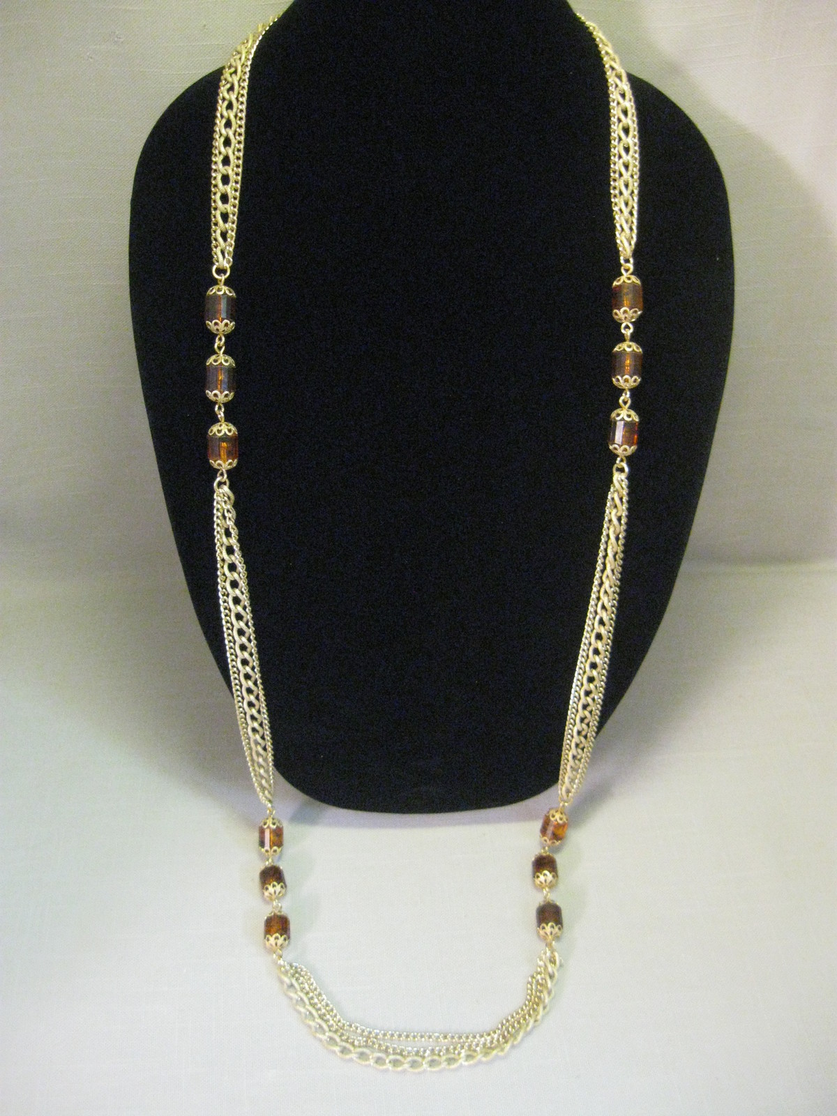 Necklace Gold Tone 3 Strands Chains Amber Barrel Beads Gold Tone Filigree Caps  - $21.00