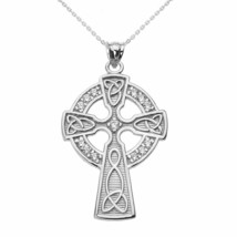 Solid 14k White Gold Diamond Trinity Knot Celtic Cross Pendant Necklace - £249.30 GBP+