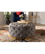 Arielle Gray Velvet Fabric Upholstered Gold Finished Round Cocktail Ottoman - $11,328.18 MXN