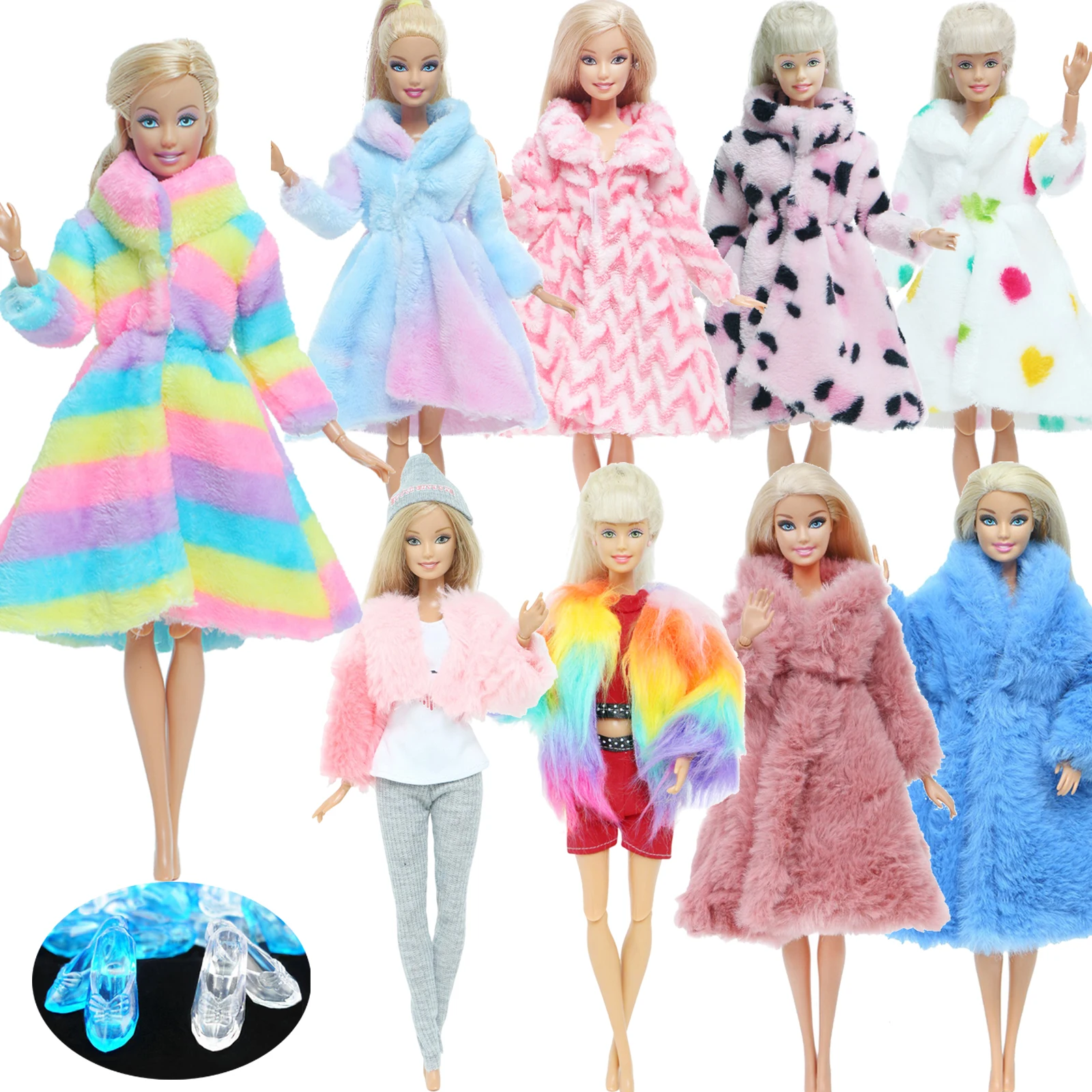 Multicolor 2 Pcs/Set Long Sleeve Soft Fur Plush Coat Dress + High Heel Winter - £7.23 GBP+