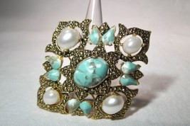 Vintage 1968 Sarah Coventry Faux Turquoise Pearl Brooch Pin K1137 - £39.01 GBP