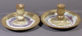 Studio Art Pottery (2) Tapered Candle Holders 5&quot; Wide Brown &amp; Blue Glaze. - £10.07 GBP
