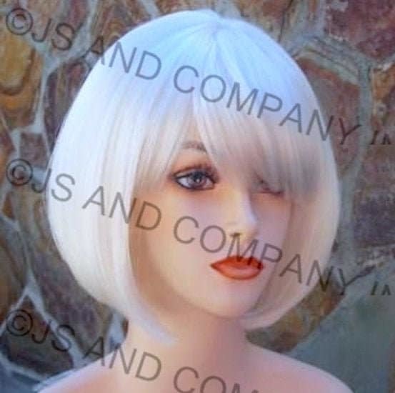 White Bob Straight Wig Tapered Back Bangs Theatrical Anime Emo Clue Hair - $55.95