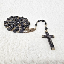 Rosary w Ebony Crucifix Black Beads Silvertone Italy 24&quot; Vtg Catholic Ch... - $34.34