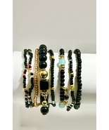 Beaded Stretch Bracelet Set, Black and Gold Multi-Strand with Turquoise ... - €9,41 EUR