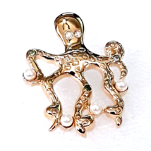 Octopus Squid Gold-Toned Metal Lapel Pin - Crystal Faux Pearl Accented - $8.86