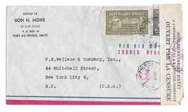 1945 Haiti Censored Airmail Cover Port au Prince to US RA6 Postal Tax Stamp - $6.69