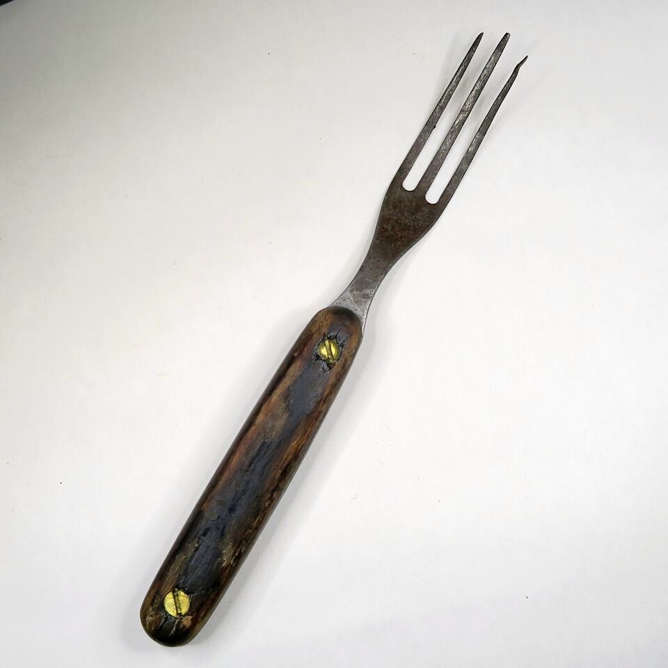 Antique 3-Tine Wood-Handle Fork Brass Screws Civil War Era Flatware - $24.70