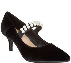 Isaac Mizrahi Live! Velvet Pumps with Faux Pearl Strap in Black 5 M - £53.19 GBP