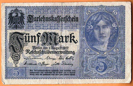 GERMANY 1917 Reichsschuldenverwaltung 5  Mark  Banknote Paper Money Bill... - $3.00