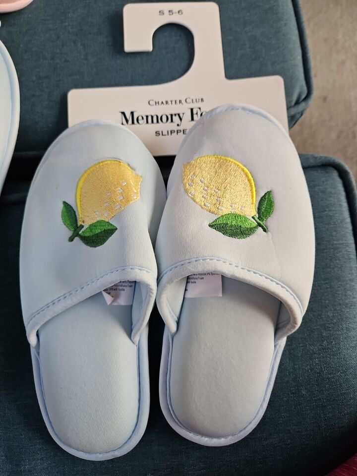 Charter Club Women&#39;s Blue Embroidered Lemon Slippers Shoes Size Small 5-6 - $14.36