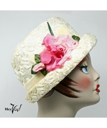 Vintage Garden Party Shiny White Raffia Bucket Hat - Blooming Pink Rose ... - £27.17 GBP