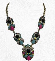 Beautiful &amp; Bright Multi Color Resin  Faux Onyx &amp; Crystal Necklace Up 20” - £19.97 GBP