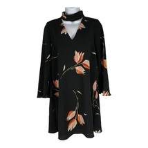 Zara Basic Black Floral Long Sleeve Dress With V-Neck &amp; Mock Neck - $422.56 MXN
