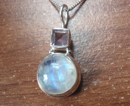 Faceted Amethyst and Moonstone Cabochon 925 Sterling Silver Necklace - £12.77 GBP