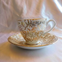 White Bone China Footed Teacup and Saucer with Gold Leaf Design # 21320 - $15.95