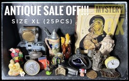 750$+ Box Of Antique Toys Medals Coins Photo Cameras And Religious Objects - $247.49