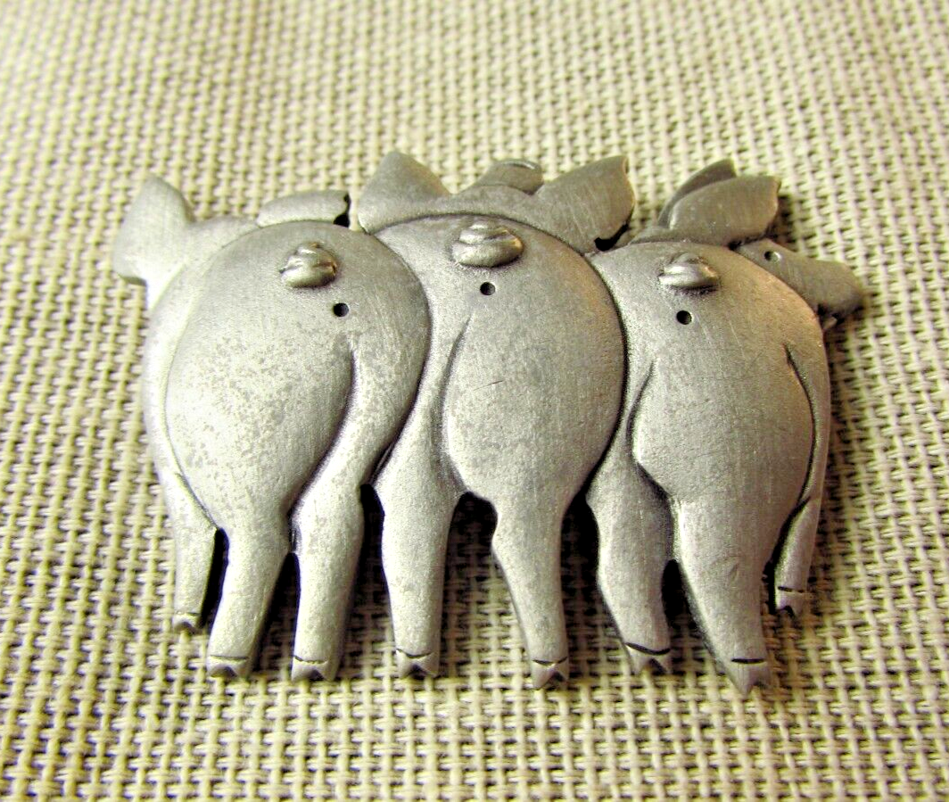 Mali Vintage Pewter Brooch; Trio Of Pigs Butts Brooch. - $24.65