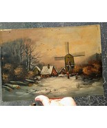 Old Antique Landscape Winter Snow Oil Painting People Buildings Windmill... - $102.52 CAD