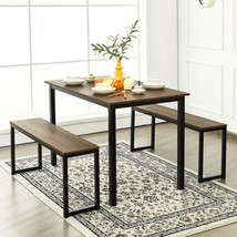 Costway 3PCS Dining Table Set Modern Studio Collection Table &amp; 2 Benches Natural - £230.39 GBP