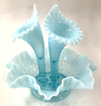 Fenton Glass 10&quot; Flower Epergne Sea Blue Opalescent Hobnail Diamond Lace, Mint!! - $371.25