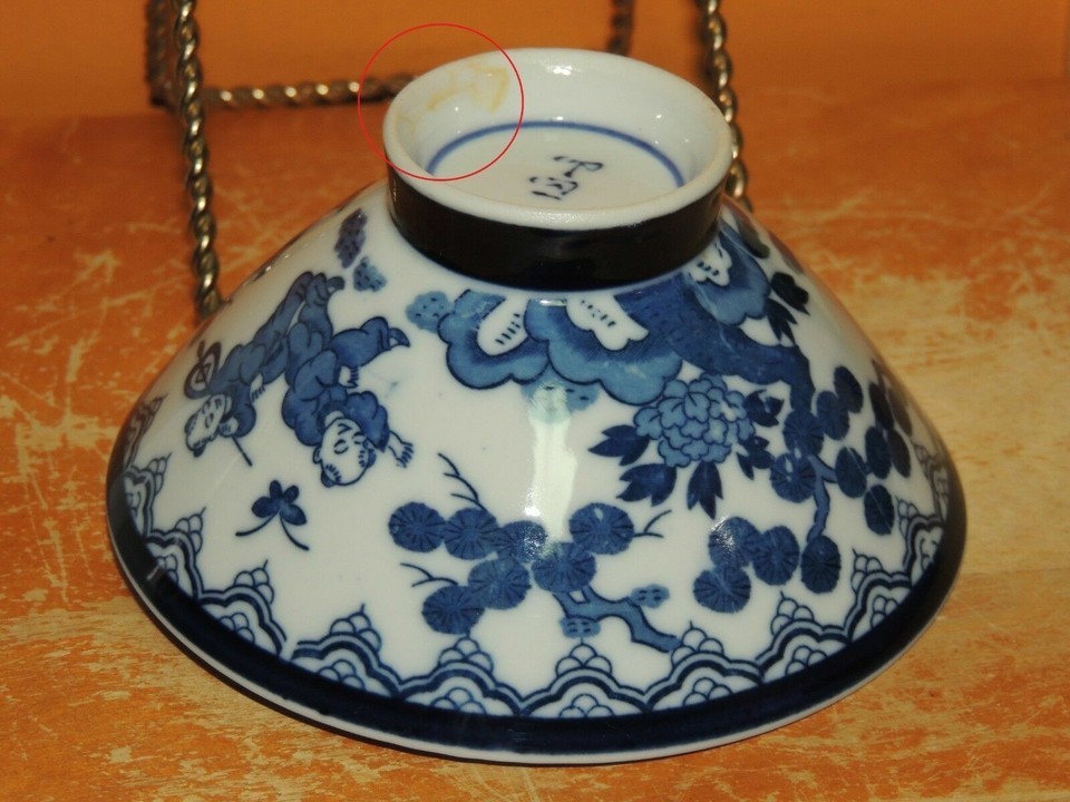 Porcelain Bowl 4.5" White w Cobalt dark Blue boys chasing butterflies Japanese Item image 4
