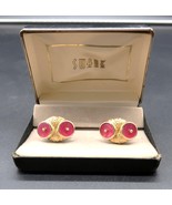 Vtg Cufflinks Swank Art Nouveau Pink Owl Eye Gold Tone Orig Box Nice Unique - $70.30 CAD