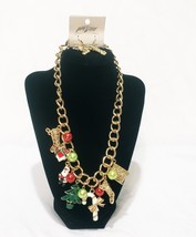 Christmas Charm Necklace Stocking Earrings Jewelry Set PreView Gold Tone Present - $24.74