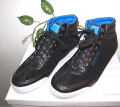 Calvin Klein Men Black Blue Casual Leather High Top Fashion Sneakers Size US 12 - £69.16 GBP