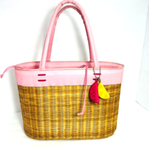 Vtg Macys New York Wicker Straw Bag Tote Pink Leather Purse Draw String ... - $174.99