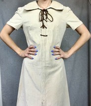 1940s Cream Fitted Corduroy RARE Puff Sleeve Western  Tunic Dress Sz XS-S - $82.24