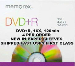 4 Pack Memorex DVD+R 16X 4.7GB 120min NEW 4 DVDs in 4 Paper Sleeves DVDR - $19.63