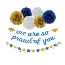 Navy-Blue White-Gold Party-Decoration Graduation Banner - 8Pcs Kits Cap Garland  - £21.89 GBP