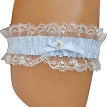 Satin Leg Garter Lace Ruffle Trim Mini Bow Faux Jewel Flower Accent Blue 3555 - £6.02 GBP