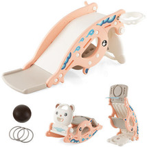 4-in-1 Kids Slide Rocking Horse with Basketball and Ring Toss-Pink - Color: Pink - $81.23