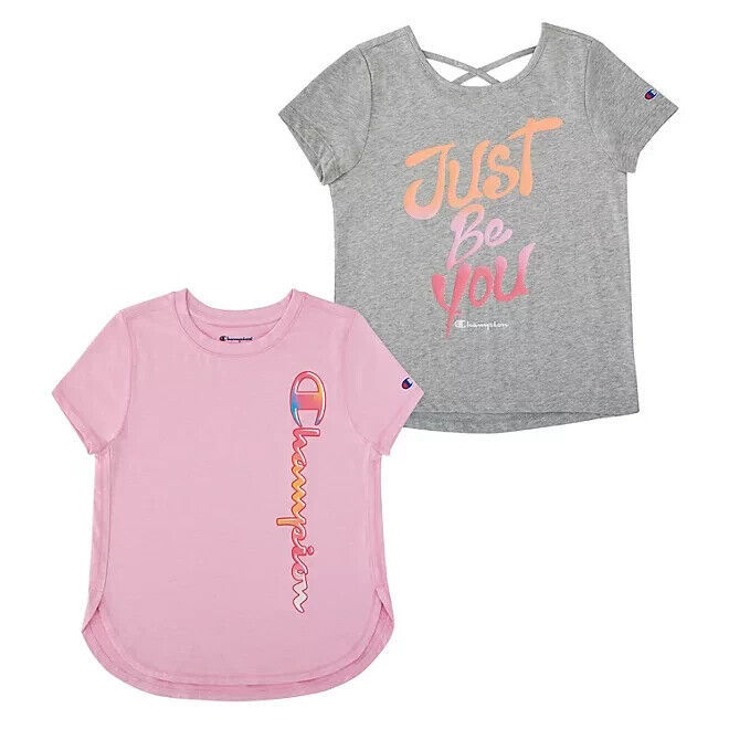 Champion Girls Active Wear Upf30 Moisture Wicking Criss Cross Back T Shirts 2pk Pink Grey 7 8