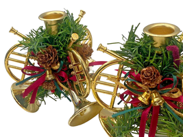 2 Vintage Brass Colored PLASTIC Christmas Holiday Horns Bugles Candleholders SET - £19.73 GBP