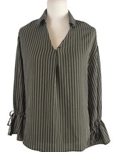 She + Sky Womens Shirt Size M Medium Green Black Striped Long Bell Sleeve Blouse - £16.83 GBP