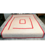 Crocheted Throw Blanket White Red Detailed 69&quot; x 48&quot; Geometric Afghan - £35.41 GBP