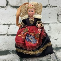 Vintage Doll Royal Dress Catholic Cross Necklace Head Dress Red Black - $29.69