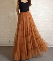 Brown Tiered Tulle Maxi Skirt Outfit Women Custom Plus Size Holiday Tulle Skirt