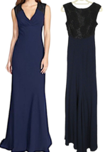 Vera Wang Navy Lace Trimmed V Neck Sleeveless Floor Length Formal Gown S... - £117.83 GBP