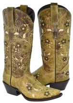 Womens Cowboy Boots Sand Western Wear Leather Floral Embroidered Snip Toe - $106.23 CAD