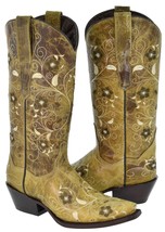 Womens Cowboy Boots Sand Western Wear Leather Floral Embroidered Snip Toe - £77.53 GBP