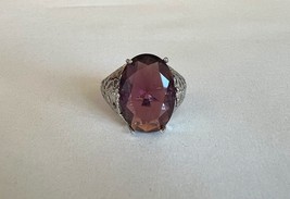 Simulated Amethyst Colored Gem Ring Silver Colored Band Size 8-10 - £20.30 GBP