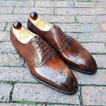 Handmade Men&#39;s Cognac Leather Lace Up Formal Oxfords Dress Shoes - £122.15 GBP+