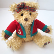 Vintage Christmas Teddy Bear Plush Stuffed Animal Plaid Headband Snowman... - $8.95