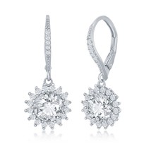 Sterling Silver Round Halo Flower CZ Dangling Earrings - £31.12 GBP